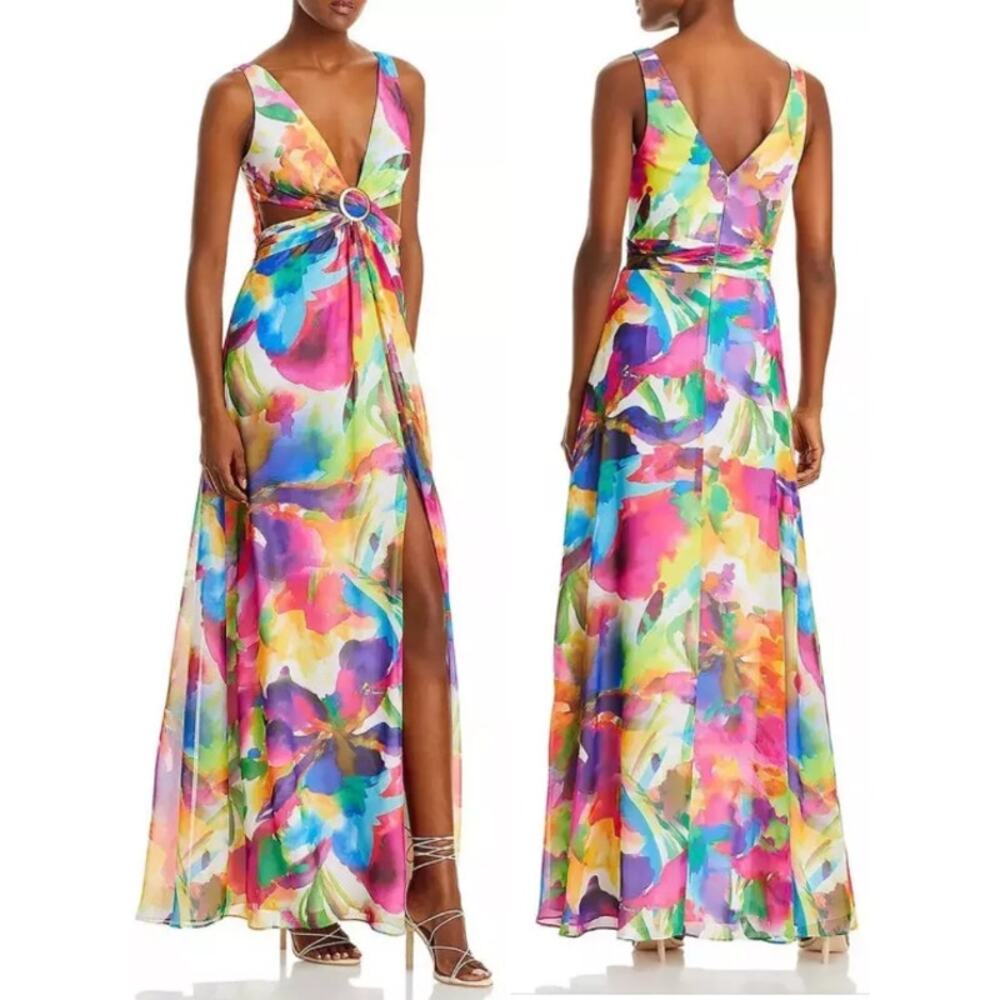 Liv Foster Floral Tie Dye Gown Abstract Deep V Cutout Multicolor Women Sz US 4